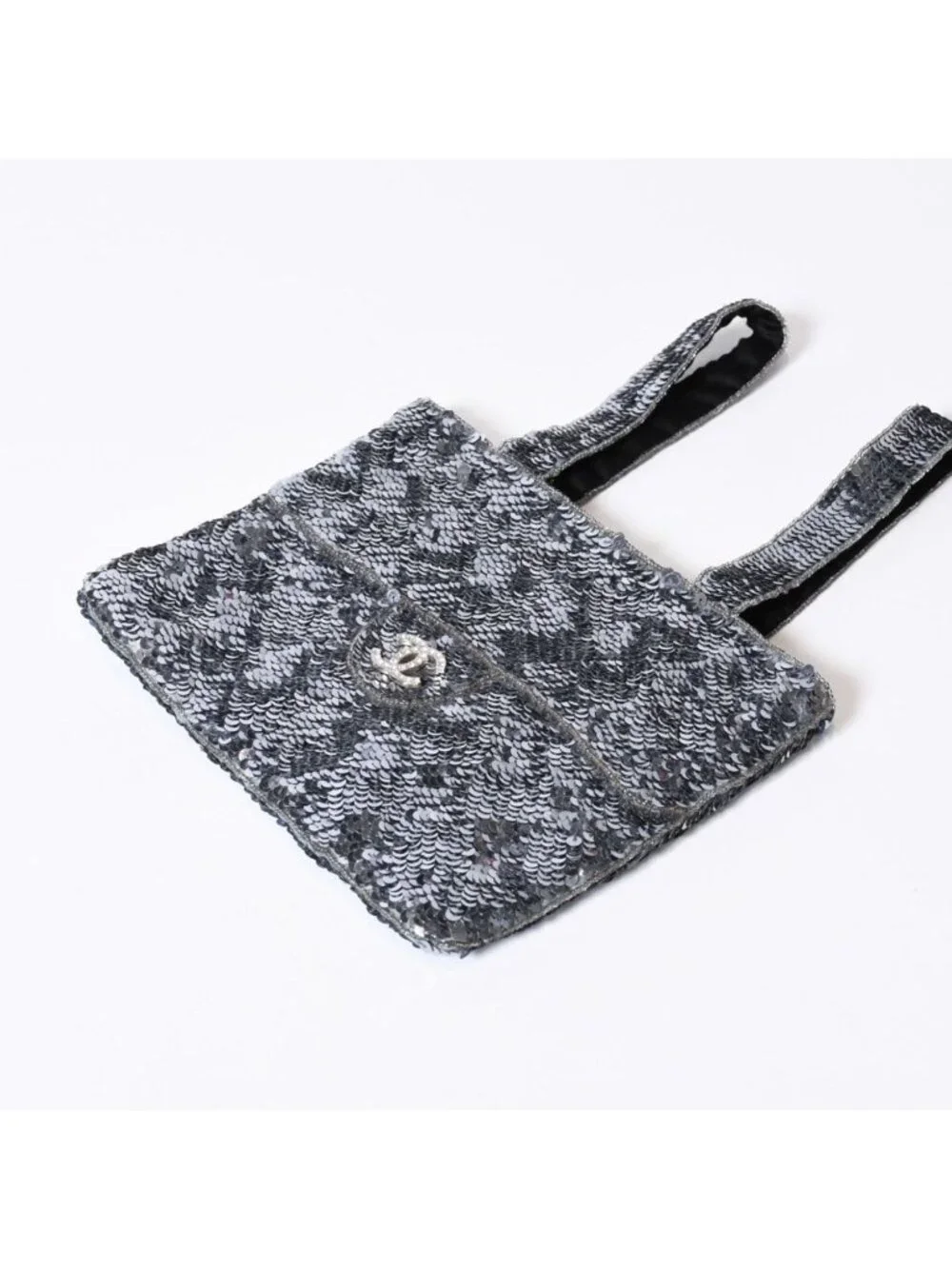 Chanel Sequin Handbag CC Logo Rhinestone Silver Clear